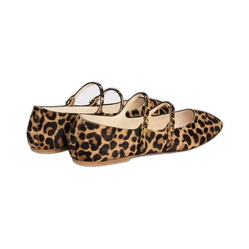 Les Ballerines Celine Double Strap Ballerina In Leopard Printed Hairy Calfskin