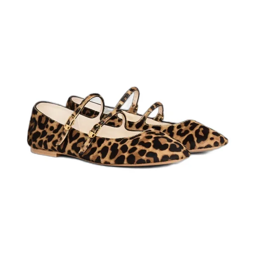 Les Ballerines Celine Double Strap Ballerina In Leopard Printed Hairy Calfskin