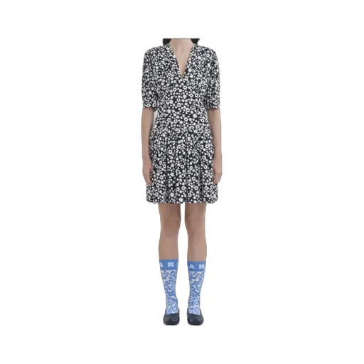 Black And White Short Satin Dress With Pop Fields Motif