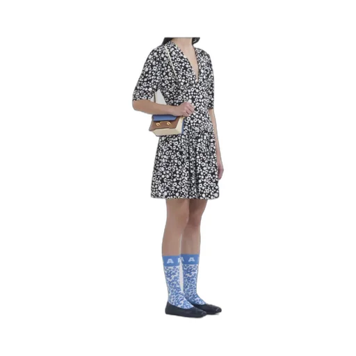 Black And White Short Satin Dress With Pop Fields Motif