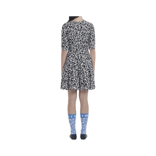 Black And White Short Satin Dress With Pop Fields Motif