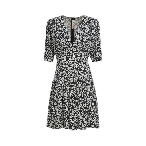 Black And White Short Satin Dress With Pop Fields Motif
