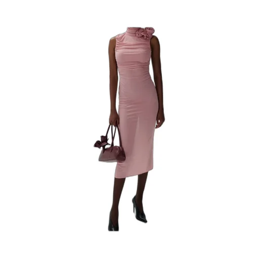 Ruched Mock-Neck Midi Dress