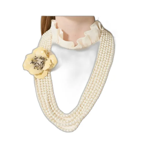 Fleur Lumineuse Necklace In Metal, Enamel, Pearls And Fabric