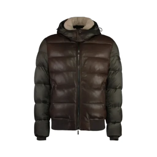 Leather-Panel Hooded Puffer Jacket