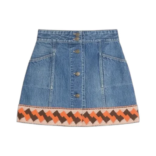 Valentino Jacquard-Trim Mid-Rise Denim Skirt