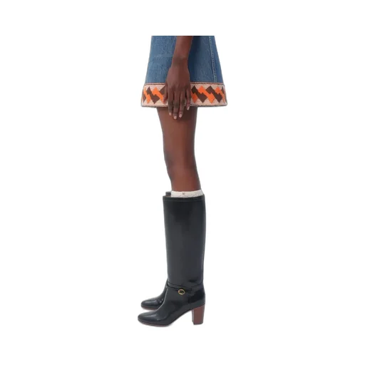 Valentino Jacquard-Trim Mid-Rise Denim Skirt