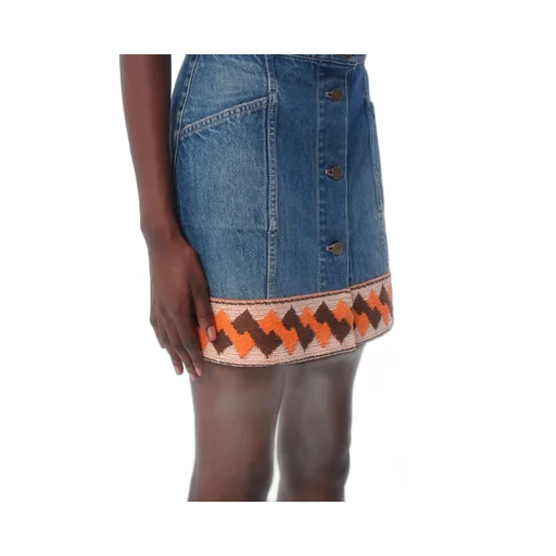 Valentino Jacquard-Trim Mid-Rise Denim Skirt