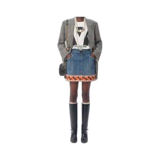 Valentino Jacquard-Trim Mid-Rise Denim Skirt
