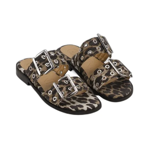 Ganni Leopard Denim Feminine Buckle Two-Strap Sandals