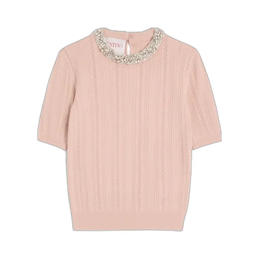 Valentino Vertical Striped Short-Sleeve Knit Sweater