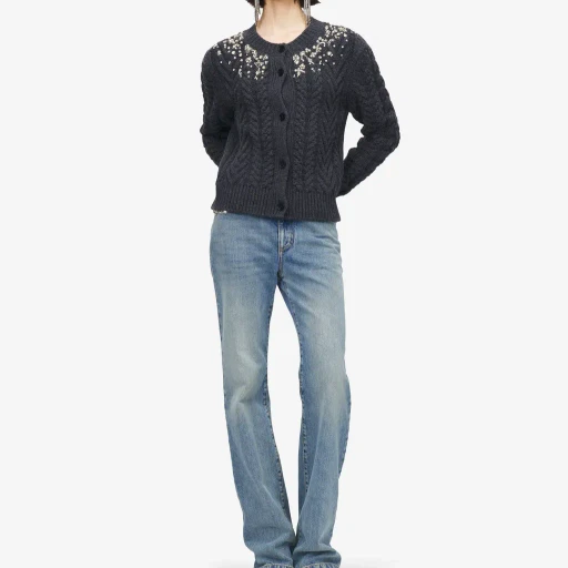 Crystal Embroidery Cable Knit Cardigan