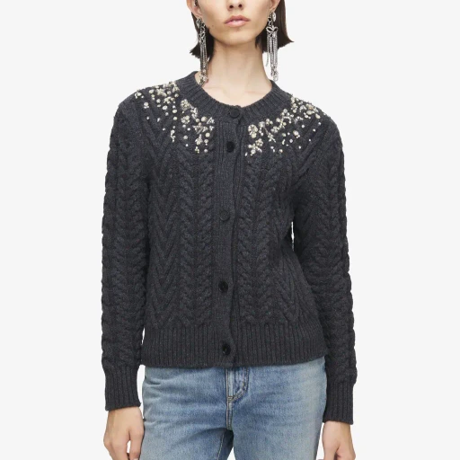 Crystal Embroidery Cable Knit Cardigan