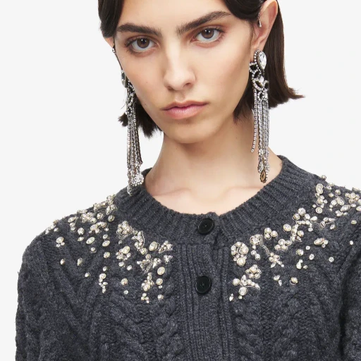 Crystal Embroidery Cable Knit Cardigan