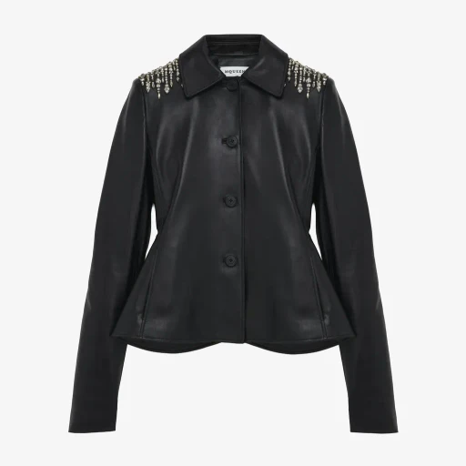 Crystal Embroidery Leather Peplum Jacket