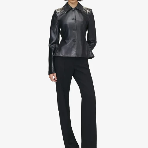 Crystal Embroidery Leather Peplum Jacket
