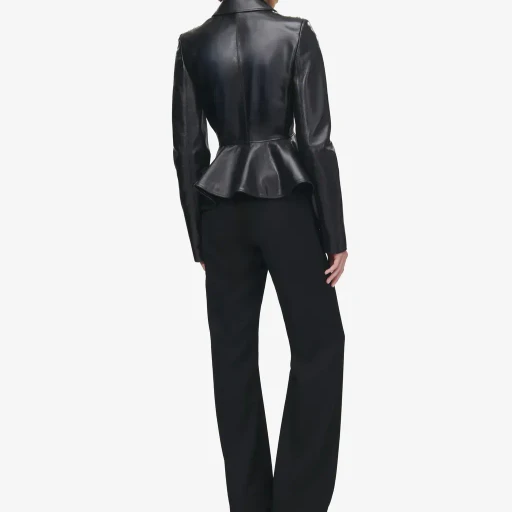 Crystal Embroidery Leather Peplum Jacket