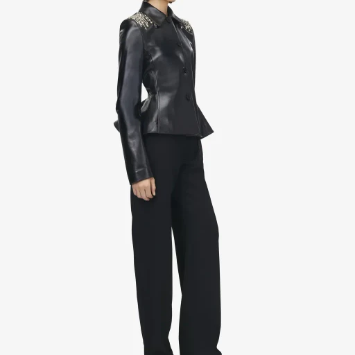 Crystal Embroidery Leather Peplum Jacket