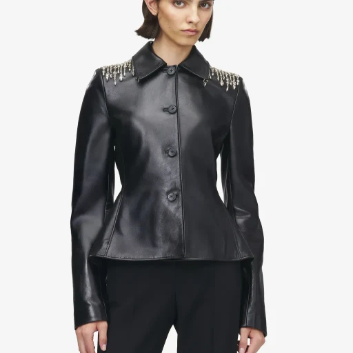Crystal Embroidery Leather Peplum Jacket