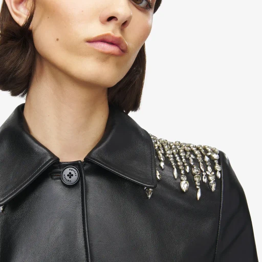 Crystal Embroidery Leather Peplum Jacket