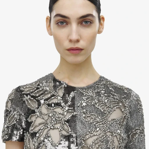 Crystal Stencil Embroidery Mini Dress