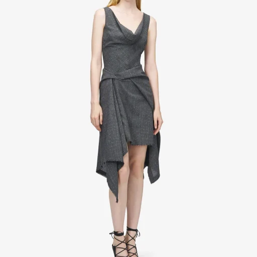 Flecked Glen Check Asymmetric Dress