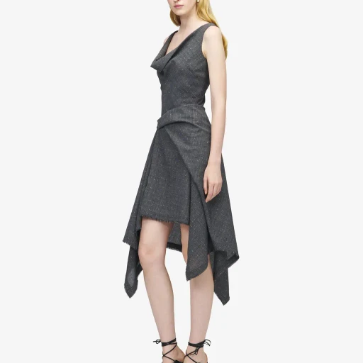 Flecked Glen Check Asymmetric Dress