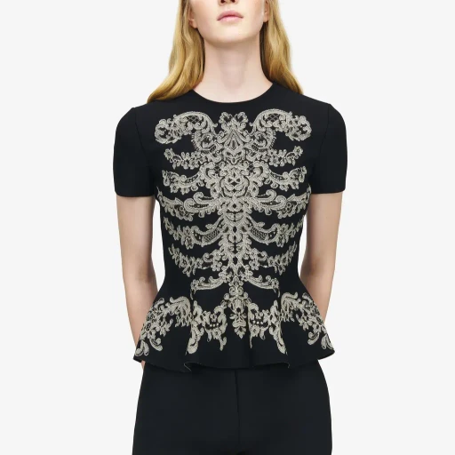 Lace Ribcage Jacquard Peplum Top