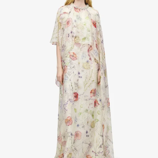 Meadow Floral Print Asymmetric Cape Dress