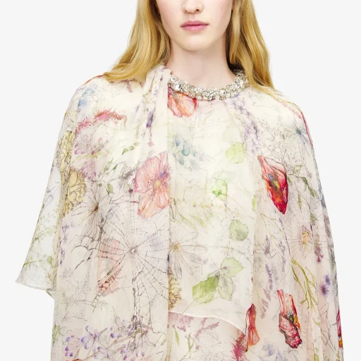 Meadow Floral Print Asymmetric Cape Dress