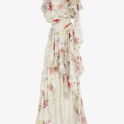 Meadow Floral Print Asymmetric Evening Dress