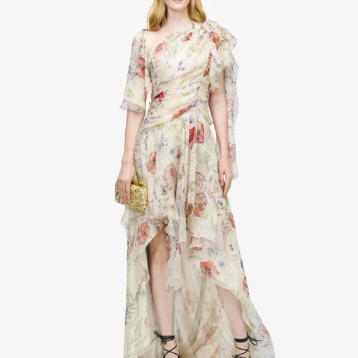Meadow Floral Print Asymmetric Evening Dress