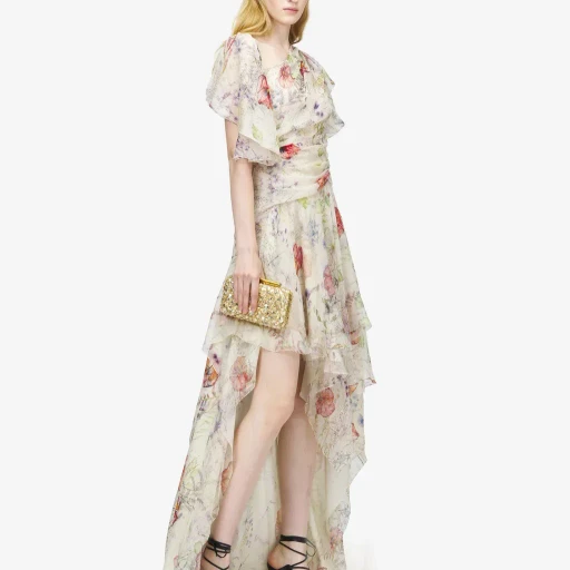 Meadow Floral Print Asymmetric Evening Dress