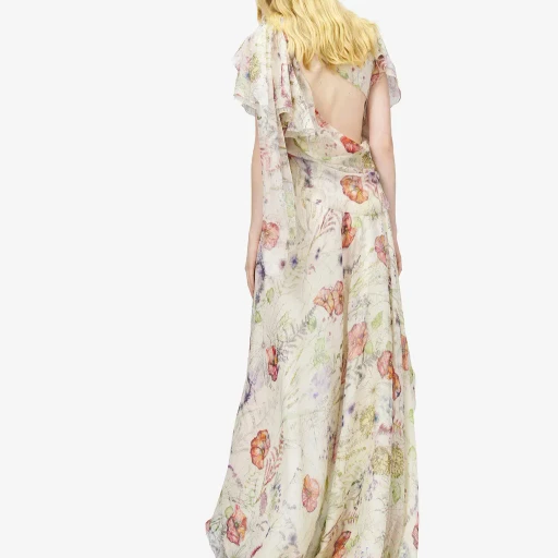 Meadow Floral Print Asymmetric Evening Dress
