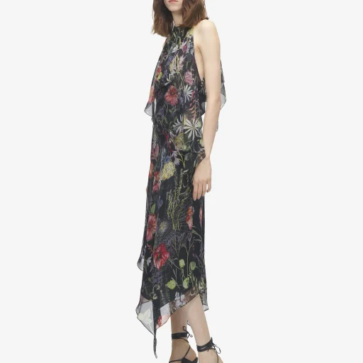 Meadow Floral Print Asymmetric Evening Dress