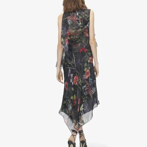 Meadow Floral Print Asymmetric Evening Dress