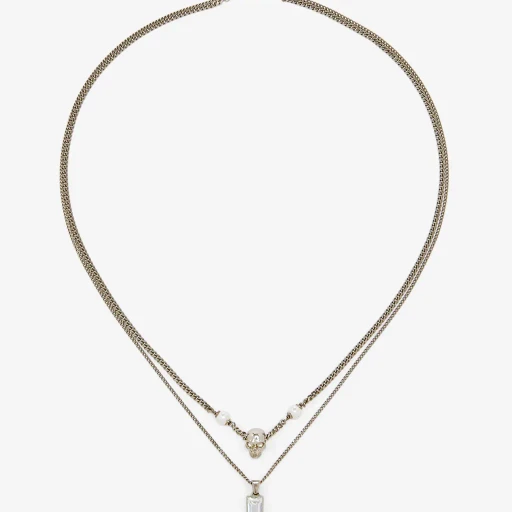 Skull & Pearl Layered Chain Necklace