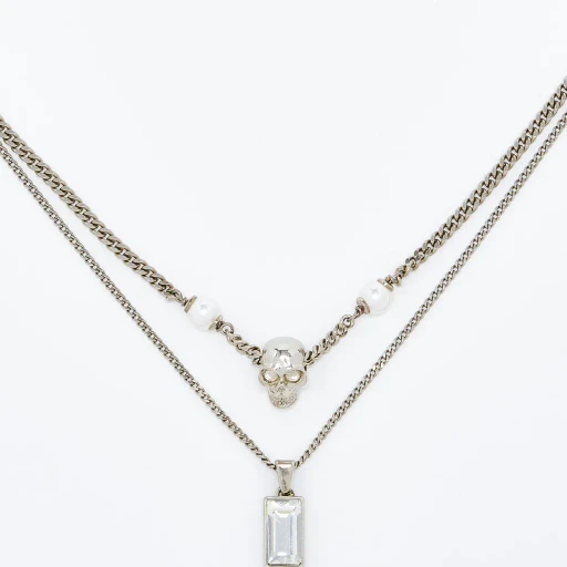 Skull & Pearl Layered Chain Necklace