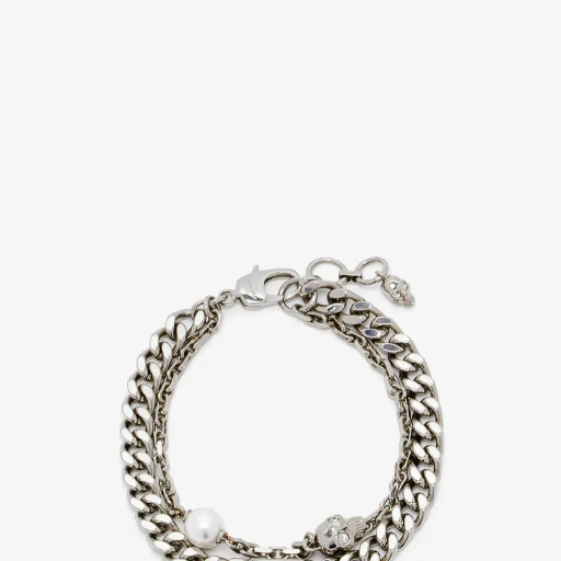 Skull & Pearl Layered Chain Bracelet
