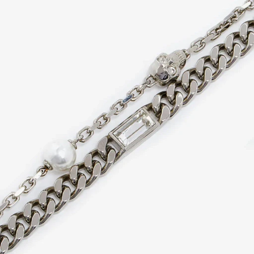 Skull & Pearl Layered Chain Bracelet