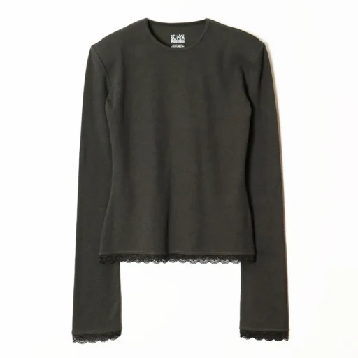 Super Rib Padded Shoulder Lace Crew-Neck L/S Tops