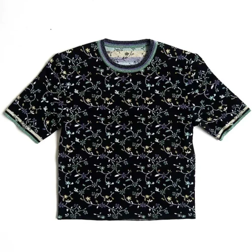 Floral Motif Glitter Short Sleeve Knit Top