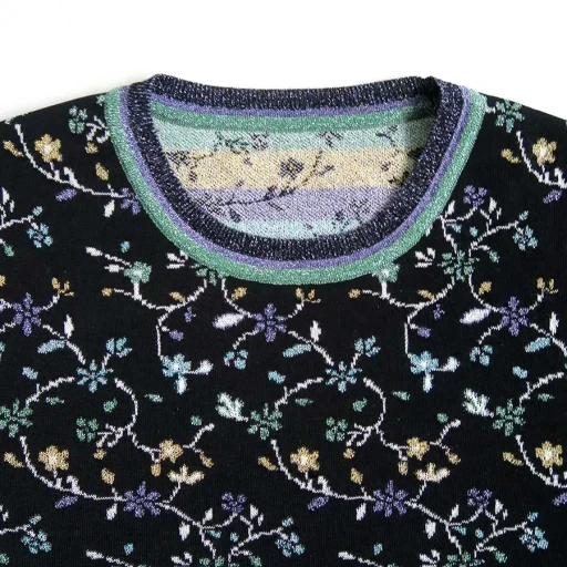 Floral Motif Glitter Short Sleeve Knit Top