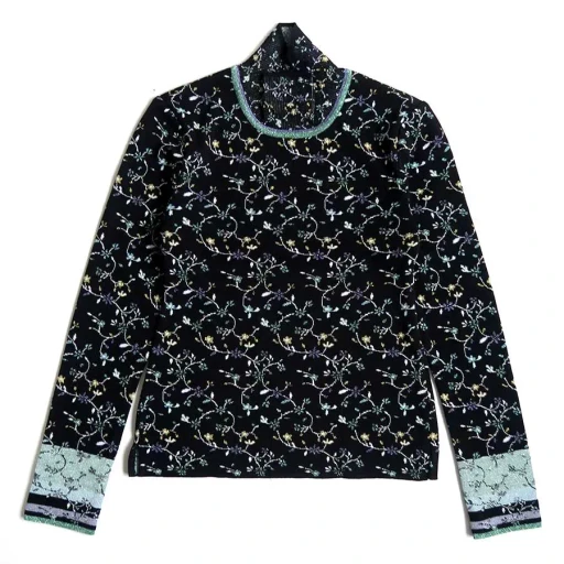 Floral Motif Glitter High Neck Knit Top