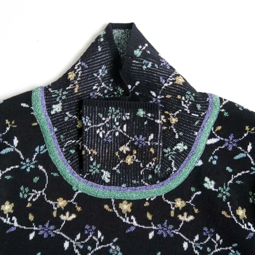 Floral Motif Glitter High Neck Knit Top