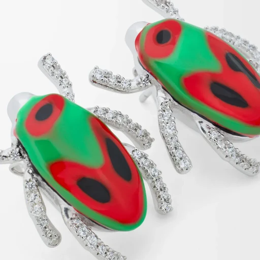 Scarabeo Earrings In Sterling Silver, Enamel And Crystal