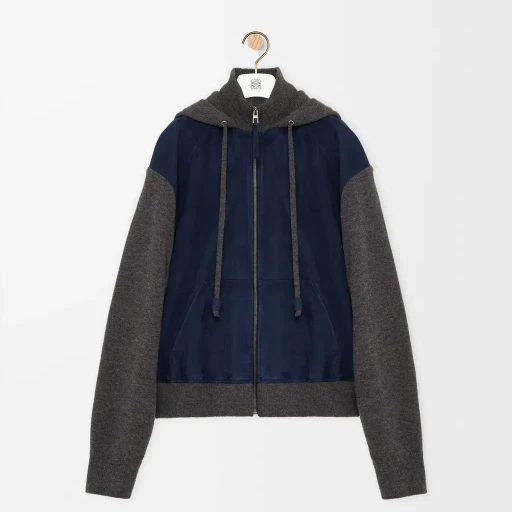 Hybrid Zip-Up Hoodie In Suede Goatskin And Wool Blend