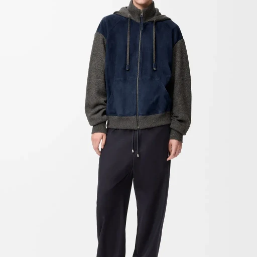 Hybrid Zip-Up Hoodie In Suede Goatskin And Wool Blend
