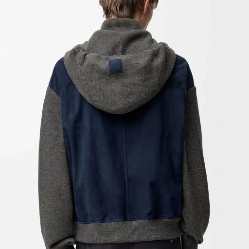 Hybrid Zip-Up Hoodie In Suede Goatskin And Wool Blend