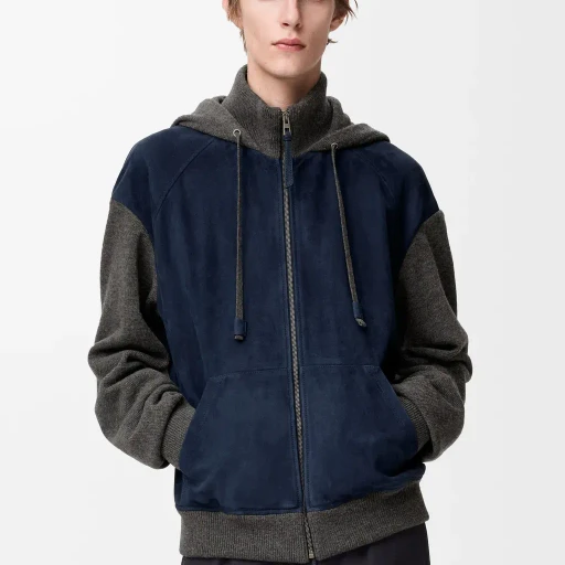 Hybrid Zip-Up Hoodie In Suede Goatskin And Wool Blend